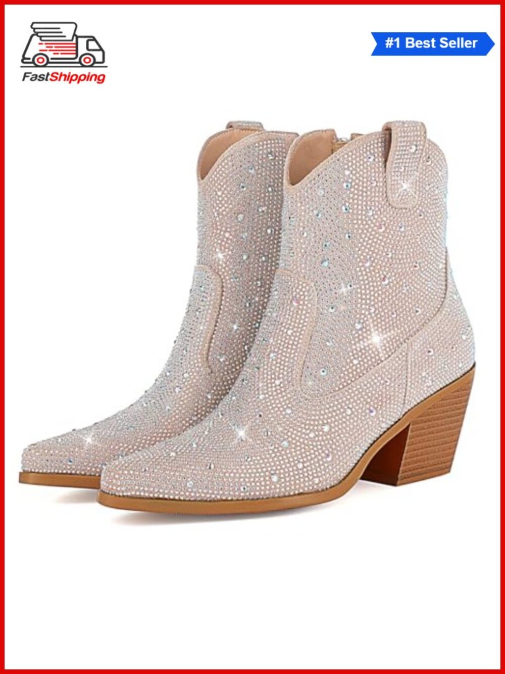 ✨ Rhinestone Chunky Heel Pointed Toe Ankle Boots Sparkly Cowgirl Booties